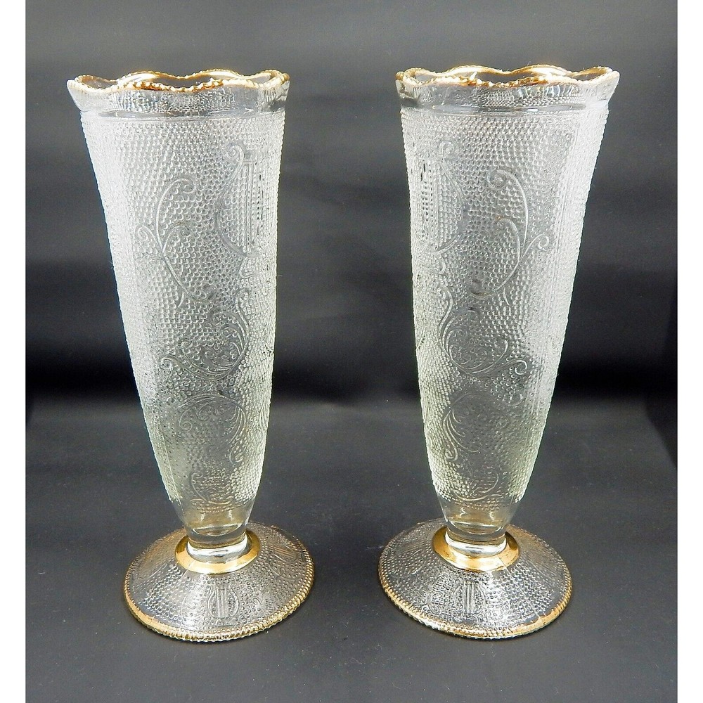 Jeannette Glass Harp Pattern Gold Trimmed Footed Vase Pair